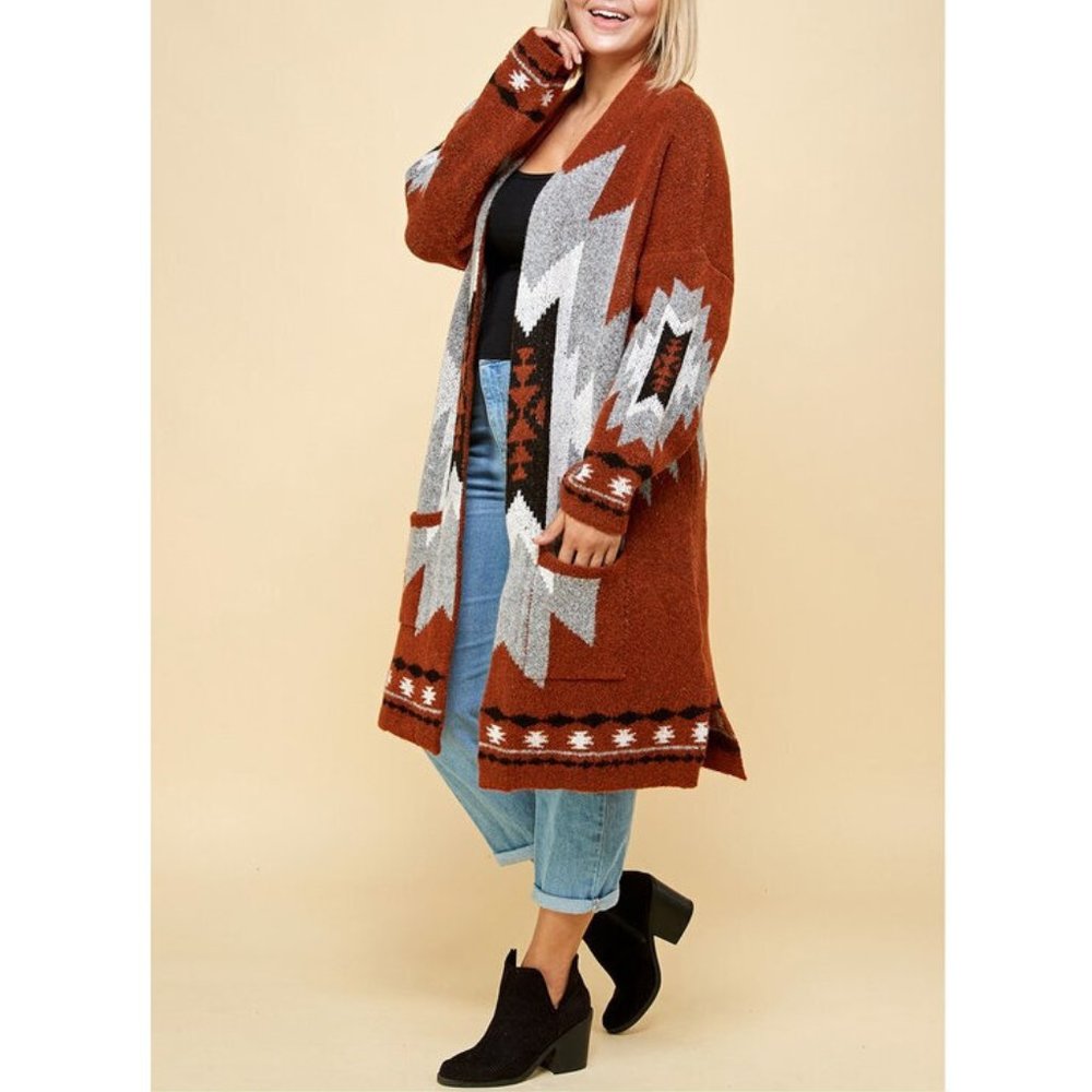 Plus Aztec Tribal Southwestern Cardigan Sweater - Picture 5 of 11